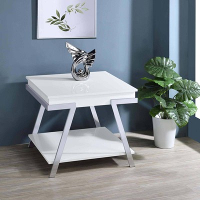 Modern White High Gloss and Chrome Rectangular End Table