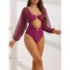 INSPIRE CHIC Women's Cut Out Ring Plunge Neck Shirred Long Sleeves Mesh Tummy Control Monokini Swimsuit 2 Sets - 2 of 4