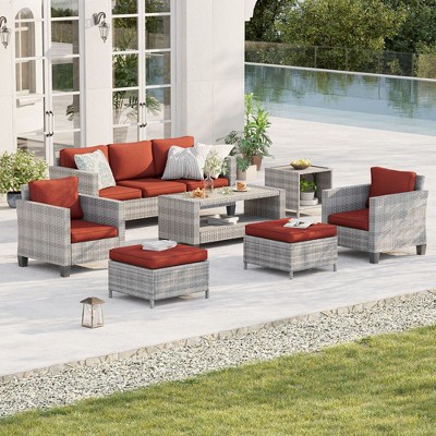 Sonkuki 7-Piece Patio Conversation Set Outdoor Wicker Rattan Furniture Set with Coffee and Side Table, Ottoman and Cushion