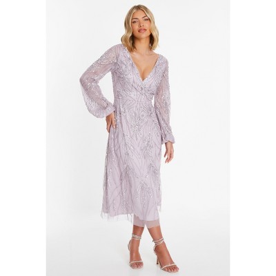 QUIZ Women's Embellished Wrap Long Sleeve Midi Dress