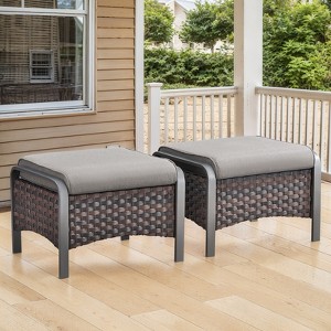Buenhomino Patio Ottomans Set of 2, Outdoor Wicker Footrest with Thickened Cushions, Multipurpose Metal Patio Furniture for Backyard and Deck - 1 of 4