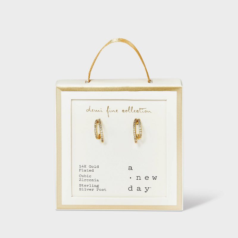 14k Gold Plated Cubic Zirconia Faux Duo Pave Hoop Earrings - A New Day&#8482; Gold, 5 of 6