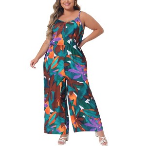 Agnes Orinda Women's Plus Size Floral V Neck Sleeveless Adjustable Spaghetti Strap Boho Wide Leg Jumpsuits - 1 of 4