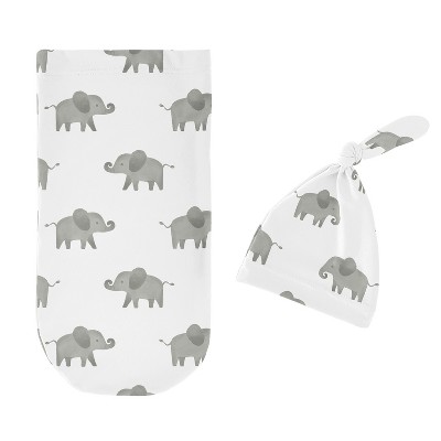 Image of Sweet Jojo Designs Boy, Girl, Unisex/Gender Neutral Baby Cocoon and Beanie Hat Swaddle Wrap Elephant Grey, Green and White 2pc
