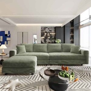 4-Seat Sofa with Ottoman for Living Room, Deep Seat Cloud Couch with Cushions, Plush Corduroy Lounge Sofa with Wood Frame-Coolbibila - 1 of 4
