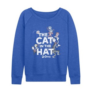 Women's - Dr. Seuss - Cat In Hat Tonal Lightweight French Terry Wide Neck Long Sleeve Graphic Shirt - 1 of 4