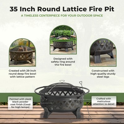 35-Inch Black Steel Round Lattice Fire Pit with Safety Ring