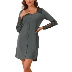 cheibear Women's Long Sleeve Lace Trim V-Neck Pajama Dress - 1 of 4