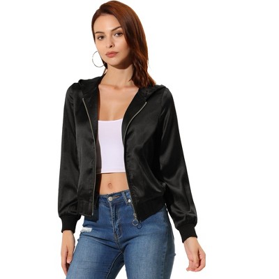 Allegra K Women's Casual Zipper Front Satin Lightweight Bomber Jacket Black  Large : Target