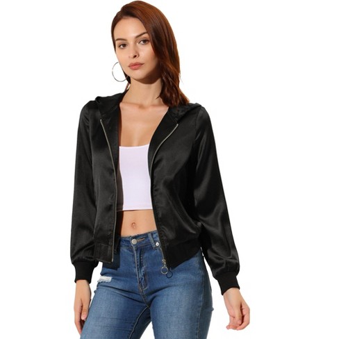 Unique Bargains Women's Stand Collar Front Zipper Satin Bomber Jacket L  Dark Blue 