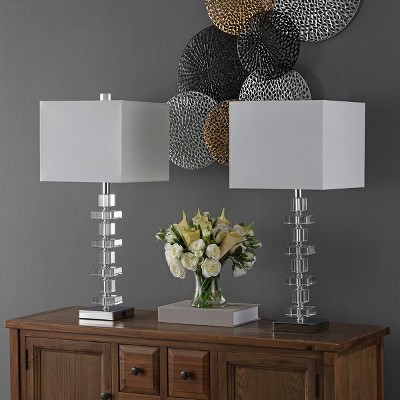 White Crystal and Chrome Art Deco Table Lamp Set with USB Port