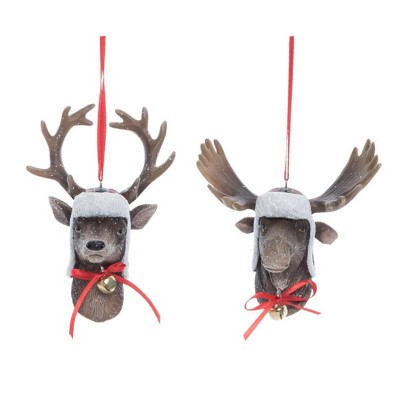Transpac Resin Reindeer Hat Ornament Set of 2 Multicolored Christmas Tree Decorations for Holiday Decor and Gifts