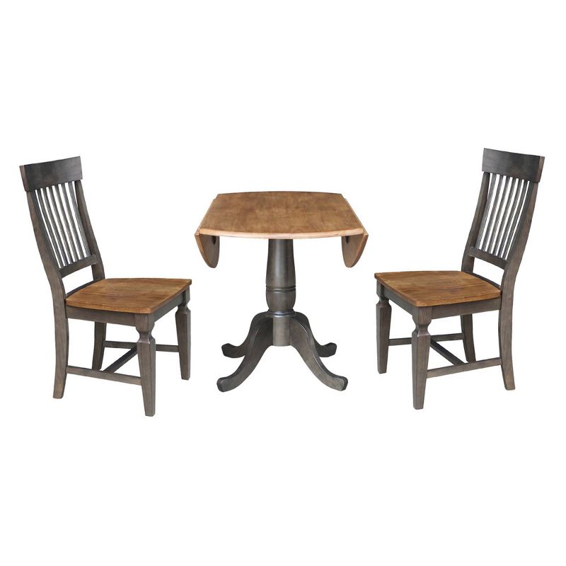 3pc 42&#34; Round Dual Drop Leaf Dining Table with 2 Slat Back Chairs Hickory/Washed Coal - International Concepts, 5 of 11