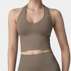 Anna-Kaci Active Women's Seamless Ribbed Knit Halter Crop Top with V-Neckline and Built-In Support - 1 of 4