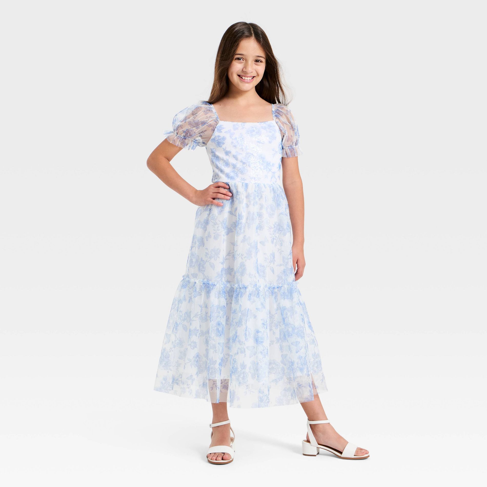 Girls' Puff Sleeve Floral Maxi A-Line Dress - Cat & Jack™ Ivory/Blue