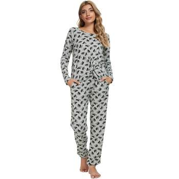 cheibear Women's Sleepwear Lounge Soft Nightwear with Pockets Long Sleeve Pajama Set