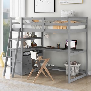 Whisen Wood Loft Bed with Desk, Shelves and Two Built-in Drawers - 1 of 4
