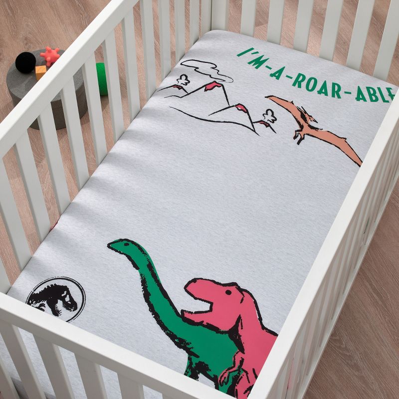 Welcome to the Universe Baby Jurassic World Grey, Green, Orange and Yellow Dinosaur I'M-A-ROAR-ABLE Photo-Op Nursery Fitted Crib Sheet, 2 of 5