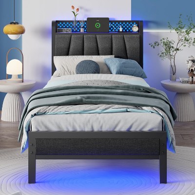 Furnulem Twin Size Bed Frame with Grey Upholstered Storage Headboard with Shelf, Metal Platform Bed with Heavy Duty Slats, No Box Spring Needed