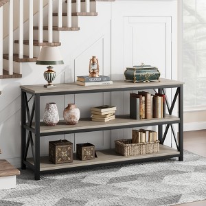 3 Tier Console Table, 55.1" Narrow Entryway Table with Storage, Wood Sofa Table with Metal Frame, Industrial Behind Couch Table - 1 of 4
