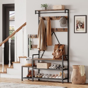 Parent-Child Coat Rack Shoe Bench Hall Tree with Bench and Shoe Storage, Industrial Coat with Shoe Rack, Storage Cubbies, Hooks, and Top Shelf - 1 of 4