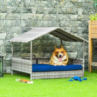 Wicker Dog House with Canopy,38'' Outdoor Rattan Dog Bed with Water Resistant Cushion for Small and Medium Dogs-LAOTIES