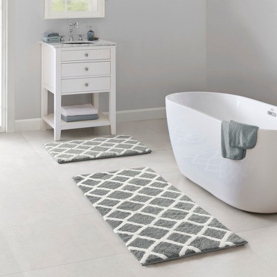 Diamond Pattern High Pile Tufted Indoor Bath Rug, Modern Style Heavyweight Fabric Bath Rug for Year Round Use