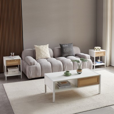 GlasFlength End Table, Modern Rattan Coffee Table with Sliding Door Storage for Living Room, White, 40.16"*21.26"*16.54"