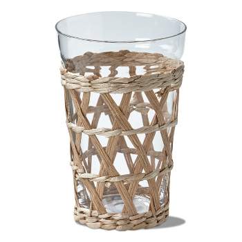 tagltd Island Collection Clear Glass Short Tumbler Drinkware with Natural Cattail Straw and Paper Weave Sleeve, 14 oz.
