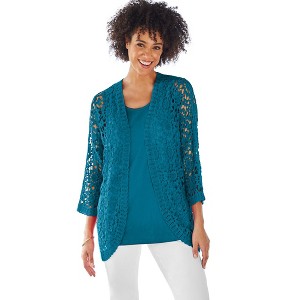 Woman Within Curved Hem Pointelle Cardigan - 1 of 4