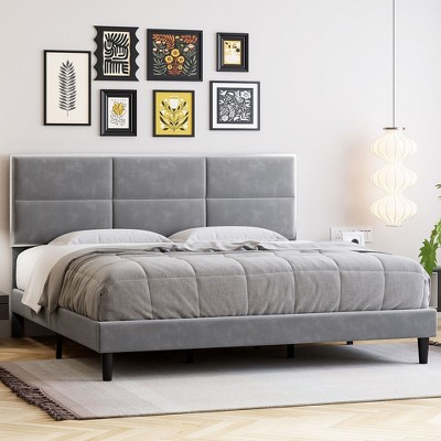 Whizmax Three Size Bed Frame, Velvet Upholstered Platform Bed Frame with Headboard, Wooden Slats Support, No Box Spring Needed, Easy Assembly, Gray