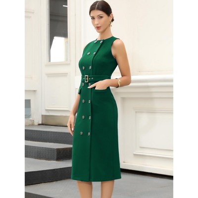 Женские платья INSPIRE CHIC Women's Double Breasted Sleeveless Business Crew Formal Belted Pencil Dress Medium Green — фото 4