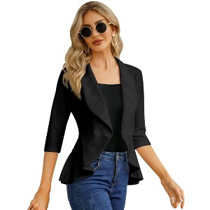 Coolmee Women's Casual Blazers 3/4 Sleeve Open Front Lightweight Cardigan Drape Ruffles Work Office Suit Blazer Jackets - 1 of 4