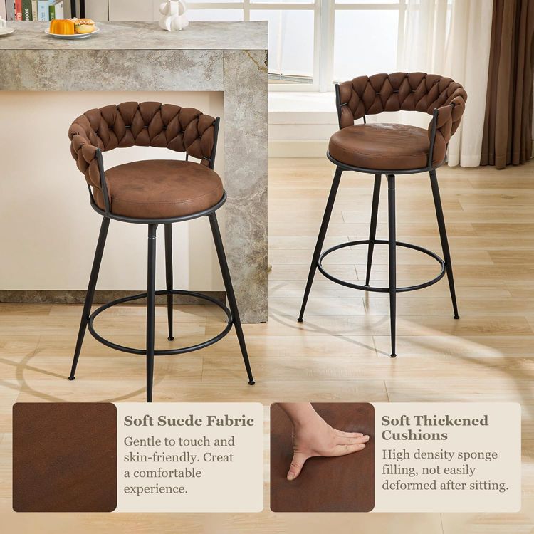 DYHOME 28 inch Bar Stools Set of 3, Modern Counter Height Bar Stools, 360° Swivel Suede Fabric Stool Chairs with Woven Back and Footrest, 5 of 8