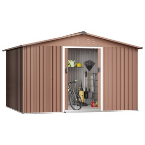 10x8 ft Outdoor Storage Shed, Galvanized Steel Garden Shed with Lockable Door, Gray/Brown - 1 of 4