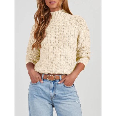 Women's Mock Neck Sweater Ribbed Knit Pullover Long Sleeve Top Casual Winter Sweater