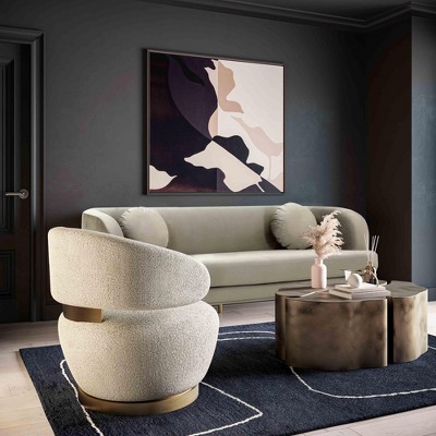 Champagne Velvet Swivel Chair with Wood Base