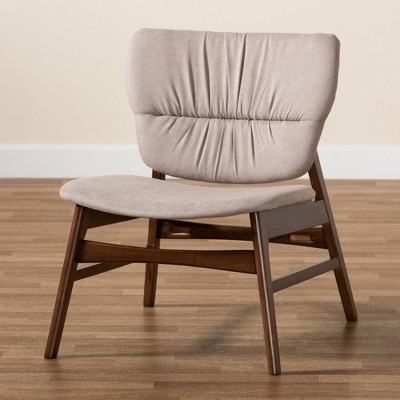 Beige and Walnut Brown Leather Wood Slipper Chair
