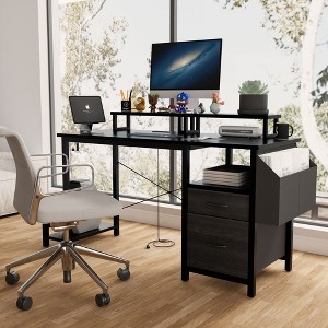 CAVINAS Home Office Desk Morden Reversible Computer Desk with Monitor Stands, 2 Drawers and Side Pocket for Work, Study - 1 of 4