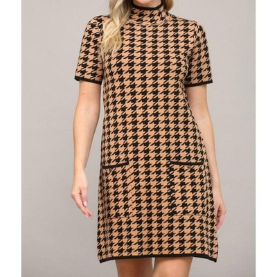 Women's HOUNDSTOOTH MOCK NECK SHORT SLEEVE SWEATER DRESS - Fate
