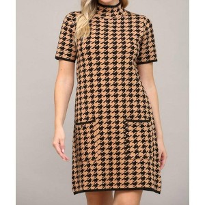 Women's HOUNDSTOOTH MOCK NECK SHORT SLEEVE SWEATER DRESS - Fate - 1 of 3