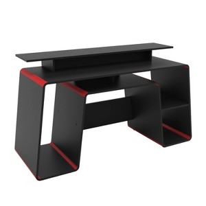 San Diego Gaming Desk Red and Black Polifurniture Dual Monitor Shelf Wood Frame Melamine Surface Open Storage
