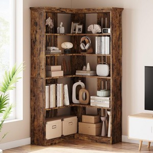 72.8'' Farmhouse L-Shaped Corner Bookcase - Tall 5-Tier Wood Storage Shelf for Living Room, Bedroom - 1 of 4