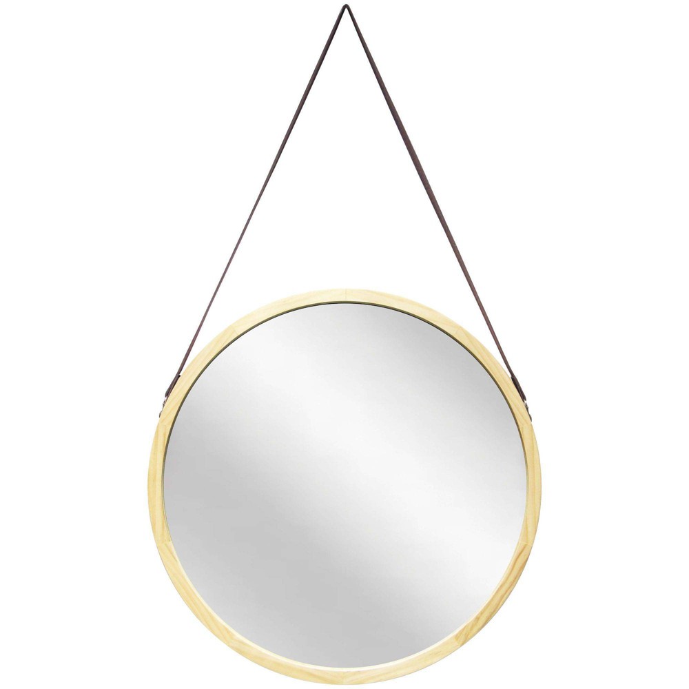Photos - Wall Mirror 16" Pinewood Farmhouse Round Hanging  with Frame Leather Strap