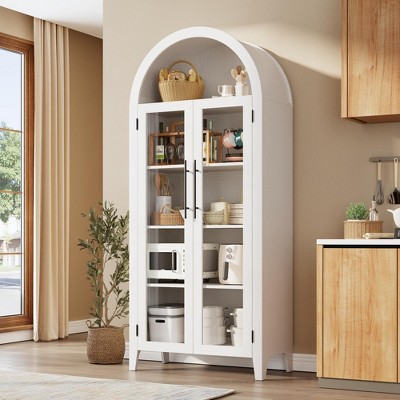 63'' Arched Pantry Storage Cabinet, Farmhouse 5 Tier Cupboard with Adjustable Shelf and 2 Large Glass Doors, for Kitchen, Dining, Living Room