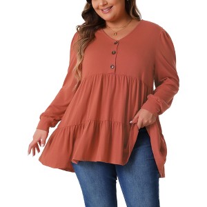 Agnes Orinda Women's Plus Size Babydoll V Neck Long Sleeve Winter Casual Button Half Placket Blouse - 1 of 4