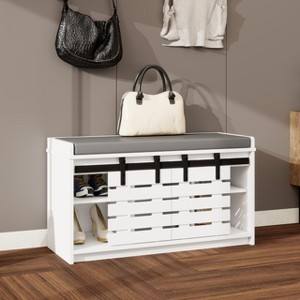 KTMBDW Shoe Storage Bench Entryway, Shoe Cabinet Bench with 2 Sliding Barn Door & Cushion, Modern Design Shoe Organizer for Hallway, living room,White - 1 of 4
