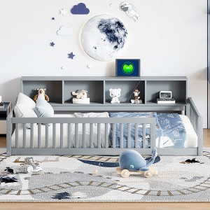 Gulches Twin XL Size Wood Floor Bed with Storage Cabinets, USB Ports & Semi-Enclosed Fence, Gray - 1 of 4