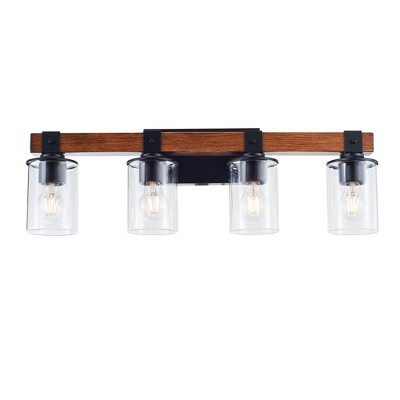 4 Light E26 Bulb Industrial Style Farmhouse Wall Light , Rustic Wood Bathroom Vanity Lights with Clear Glass