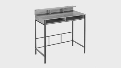 Gray Wood Standing Desk with Hutch and Black Metal Legs